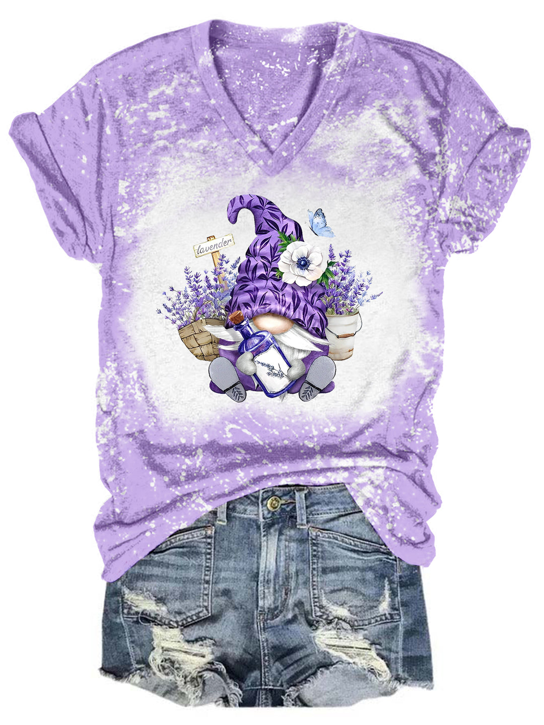 Lavender Garden Gnome Tie Dye V Neck T-shirt