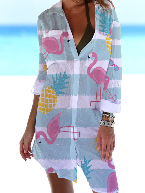 Pineapple Flamingo Print Beach Shirt Dress