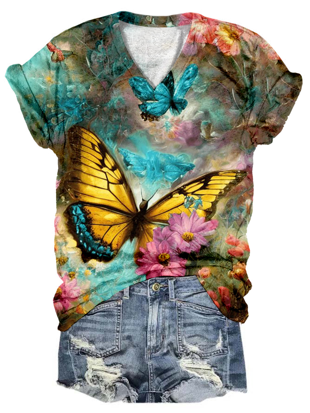 Flower Butterflies Print V Neck T-shirt