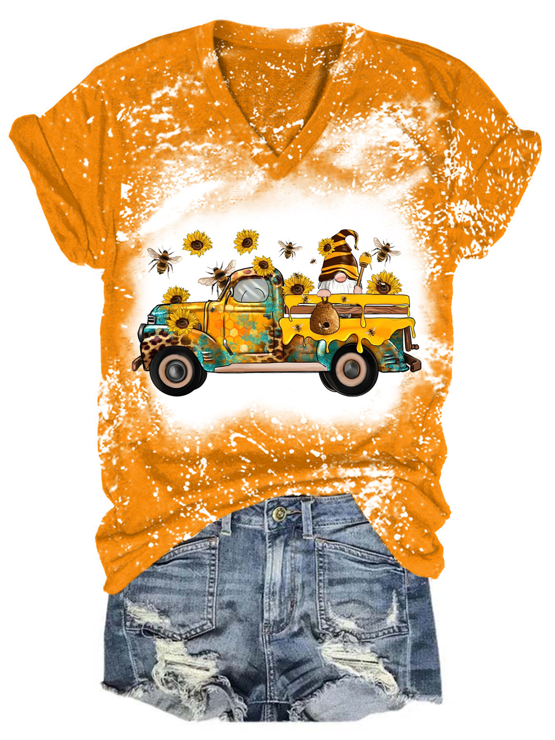 Bee Sunflower Gnome Truck V Neck T-shirt