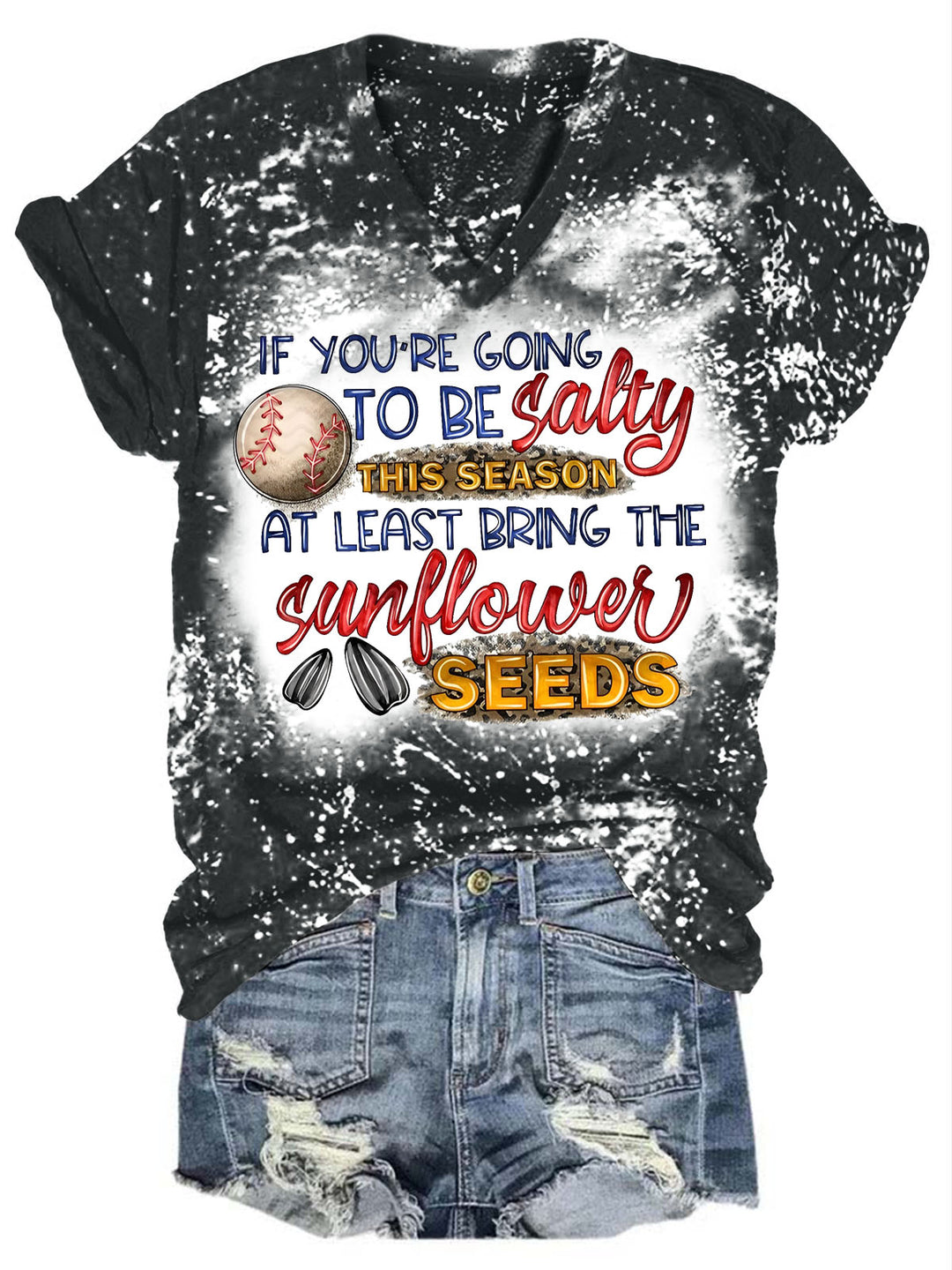 Salty Sunflower Seeds Baseball Print V-Neck T-Shirt