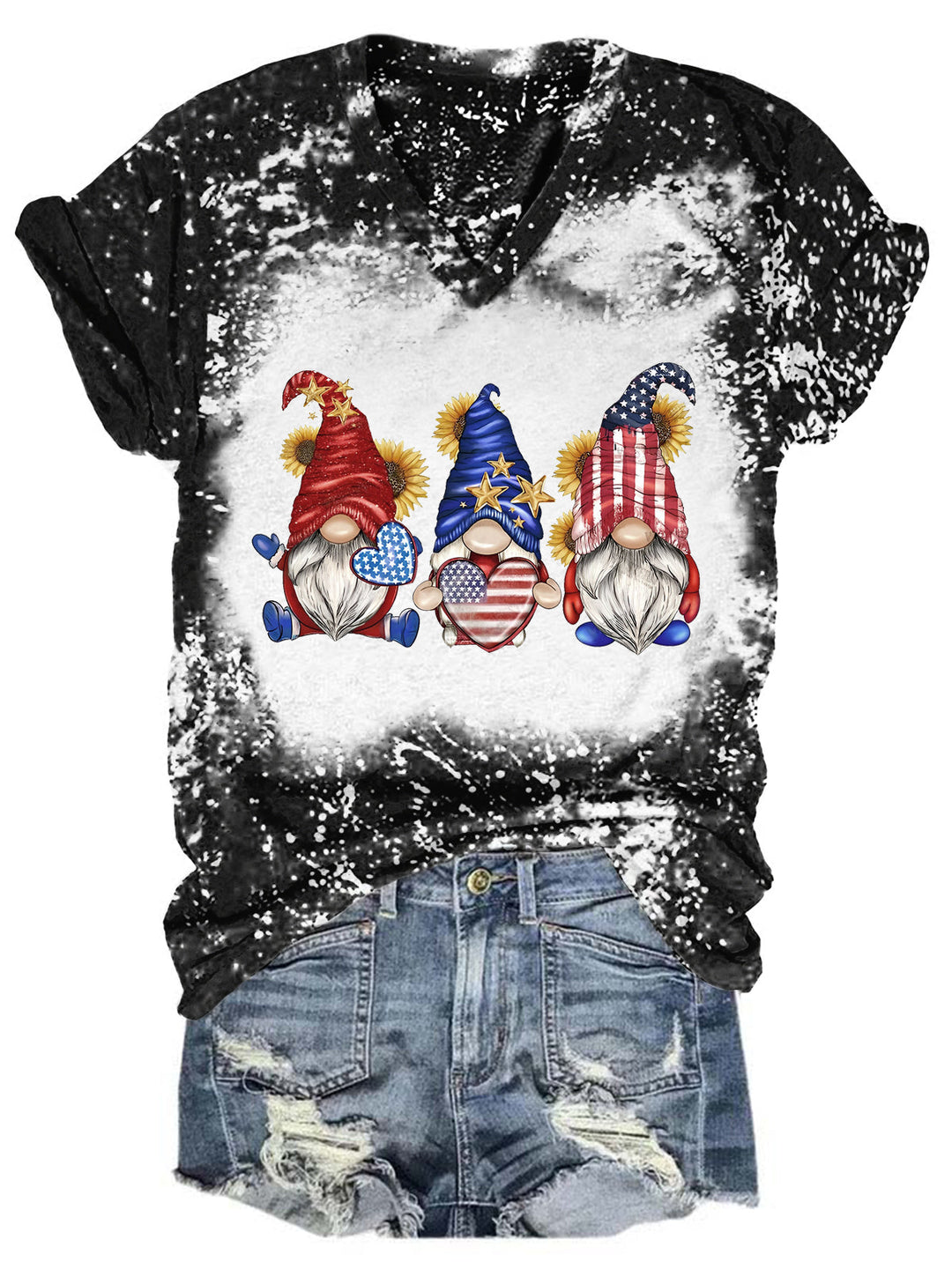 Star Stripe Gnomes Tie Dye V Neck T-shirt