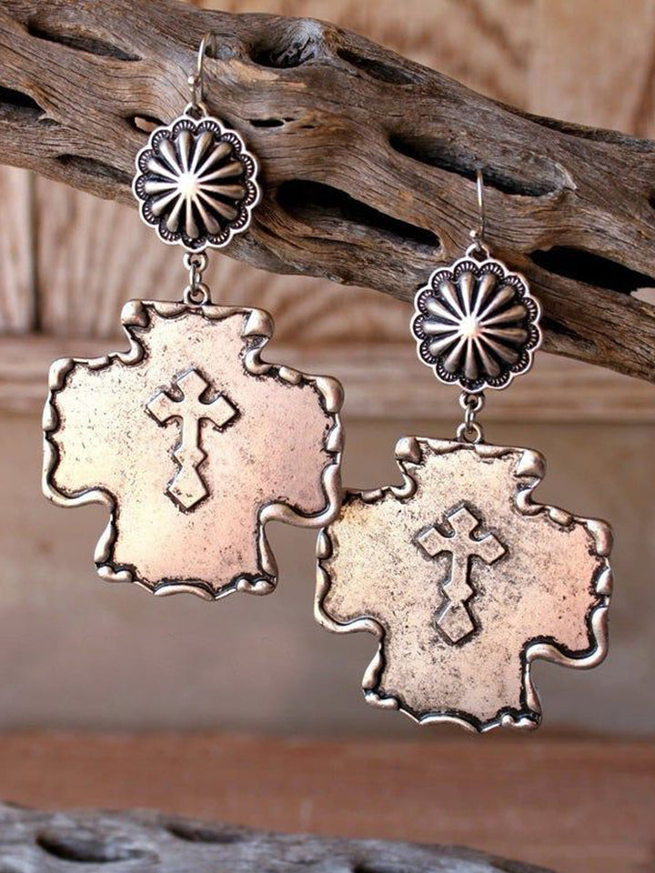 Vintage Pumpkin Blossom Double Cross Alloy Earrings