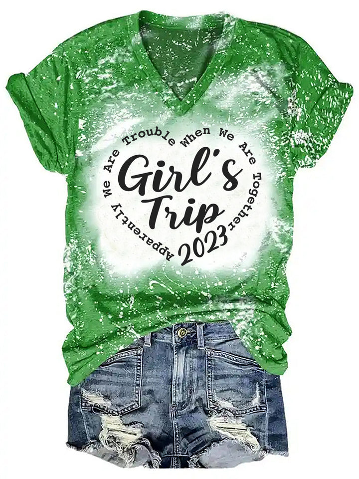 Girls Travel 2023 Tie-Dye Print V-Neck T-Shirt