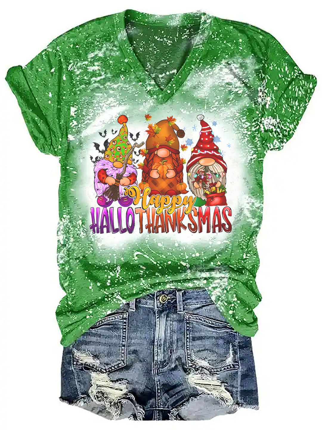 Happy Hallothanksmas Gnomes Print Tie Dye Shirt