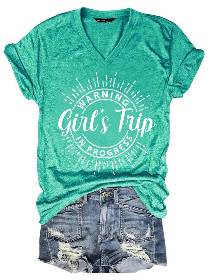 Warning Girl's Trip In Progress V Neck Cotton Blends Shirts & Tops