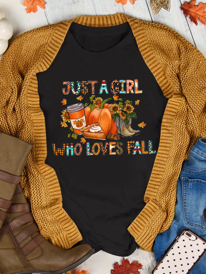 Just a Girl Who Loves Fall Pumpkin Thanksgiving Print Tee