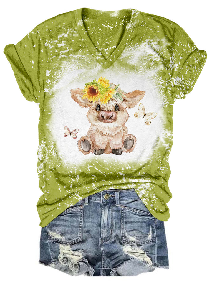 Highland Cow And Butterflies Tie Dye V Neck T-shirt