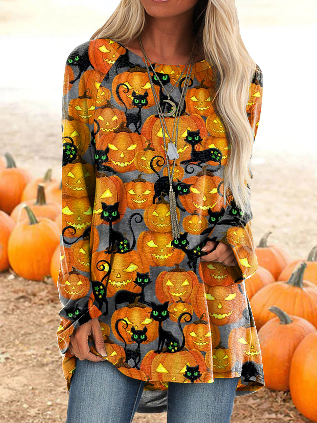 Halloween Pumpkin Black Cat Print Long Sleeve Tops
