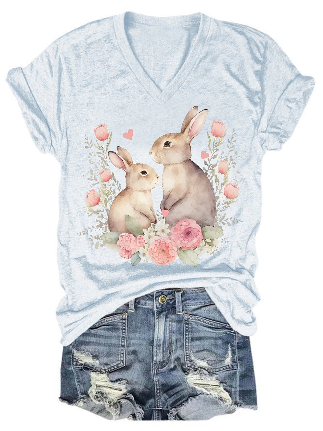 Easter Bunnies Print V Neck T-shirt