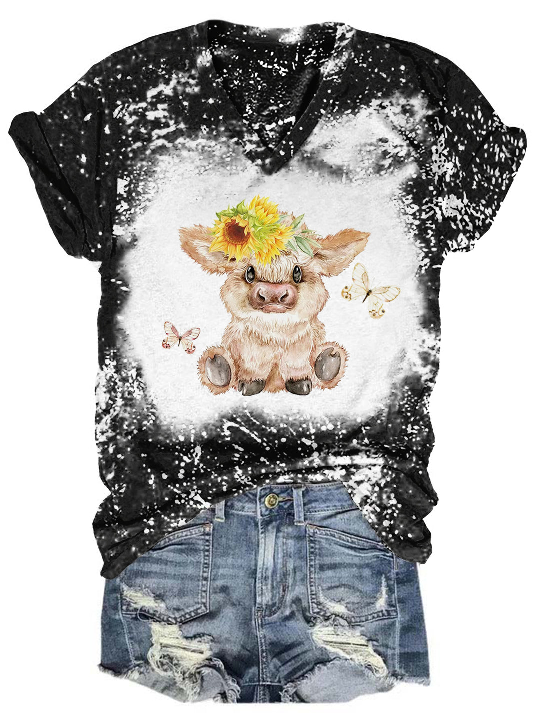 Highland Cow And Butterflies Tie Dye V Neck T-shirt