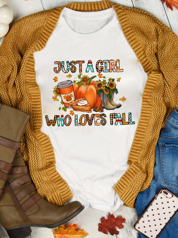 Just a Girl Who Loves Fall Pumpkin Thanksgiving Print Tee
