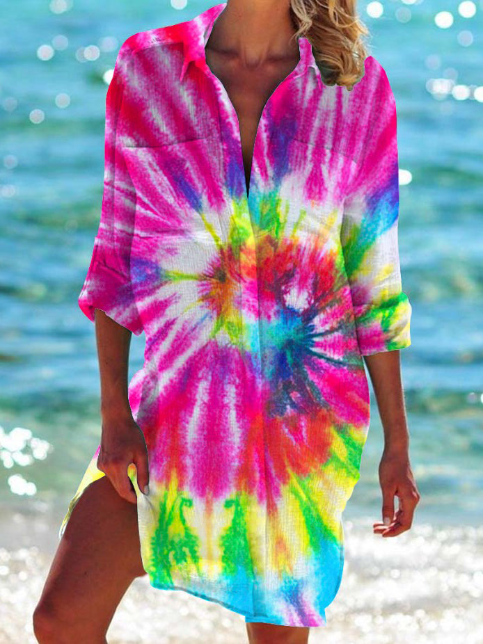 Tie-dye Printed Beach Shirt Dress