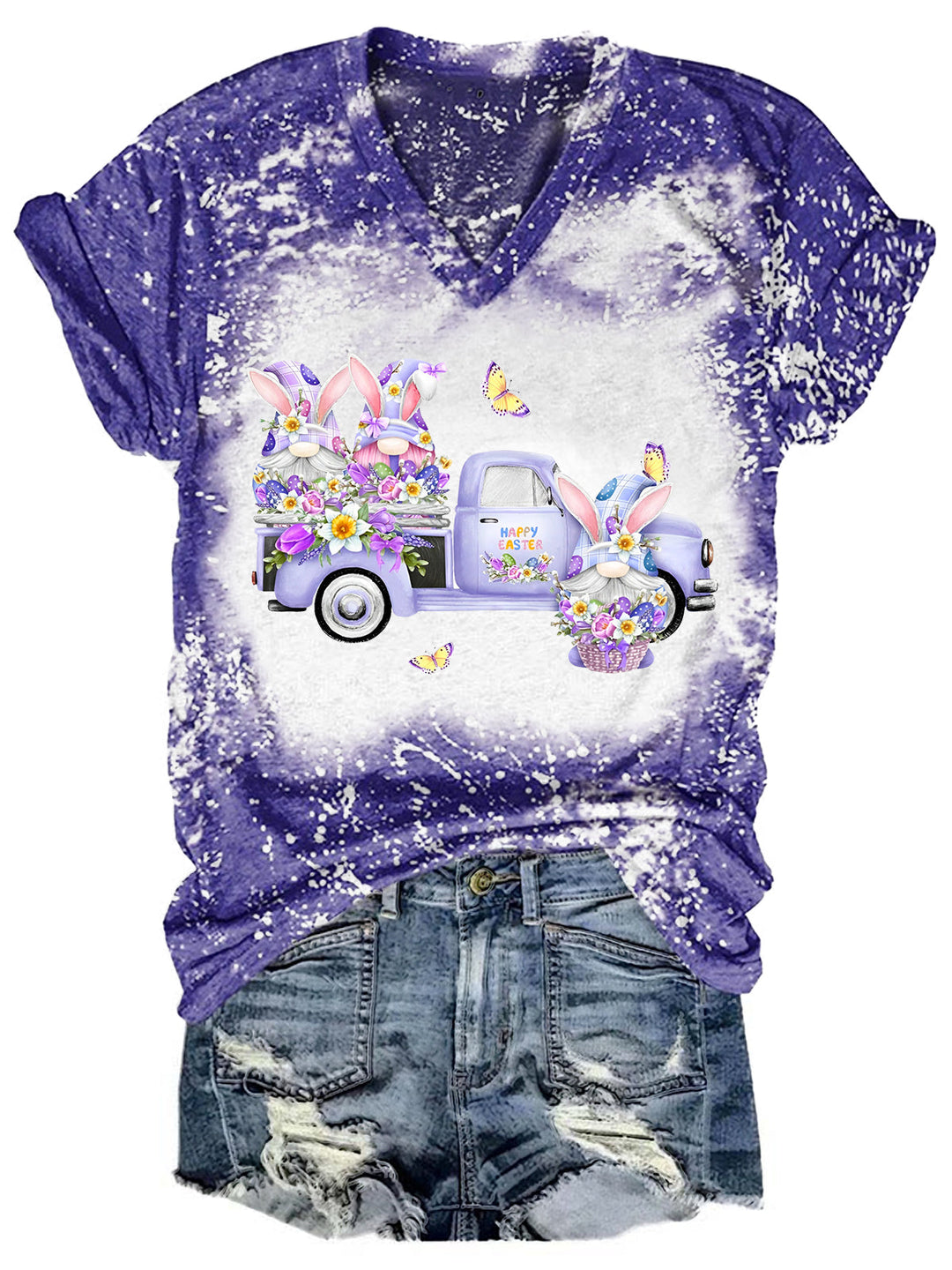 Easter Lilac Gnome Truck Bleaching V Neck T-shirt
