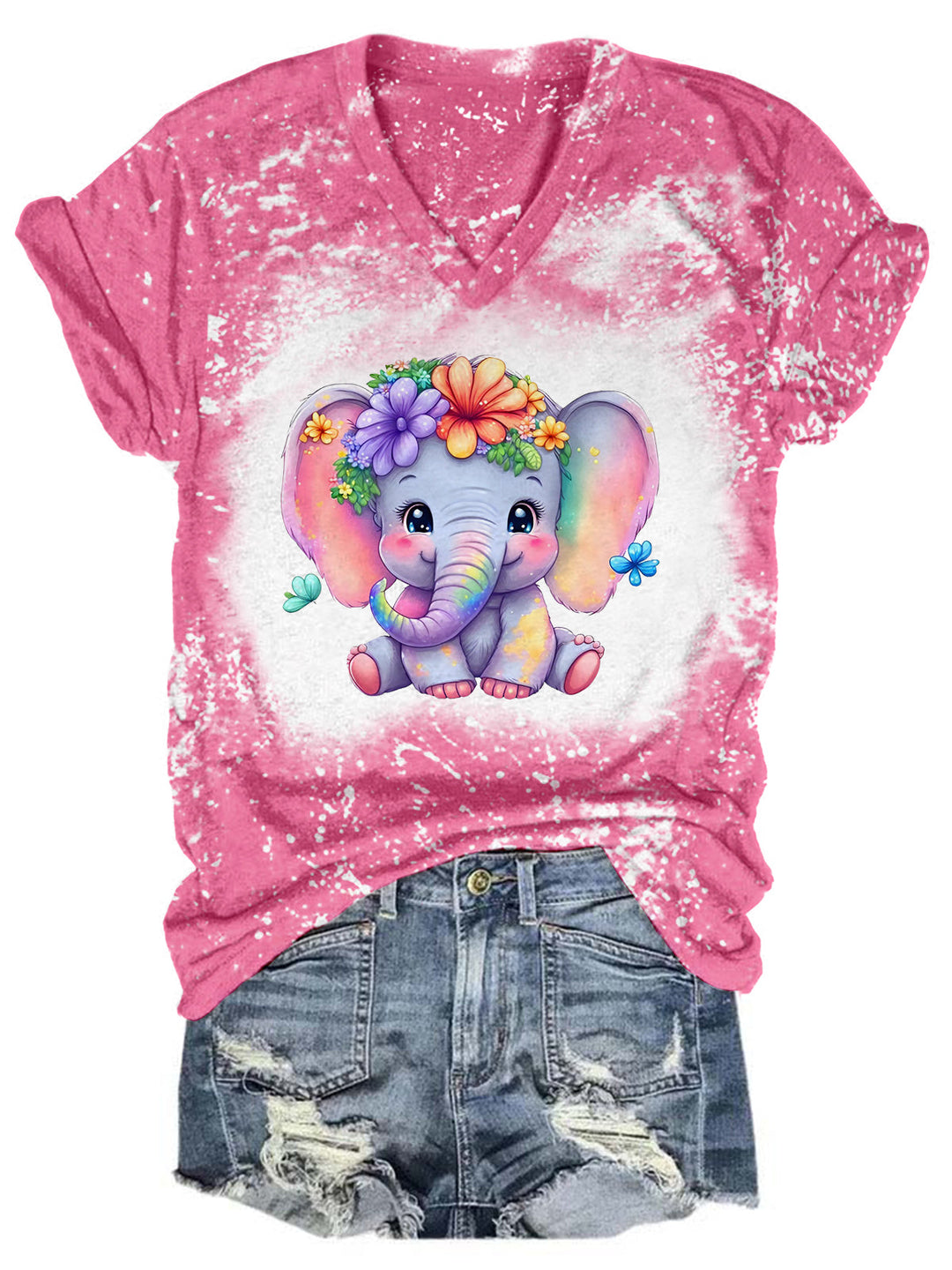 Babe Elephant Tie Dye V Neck T-shirt