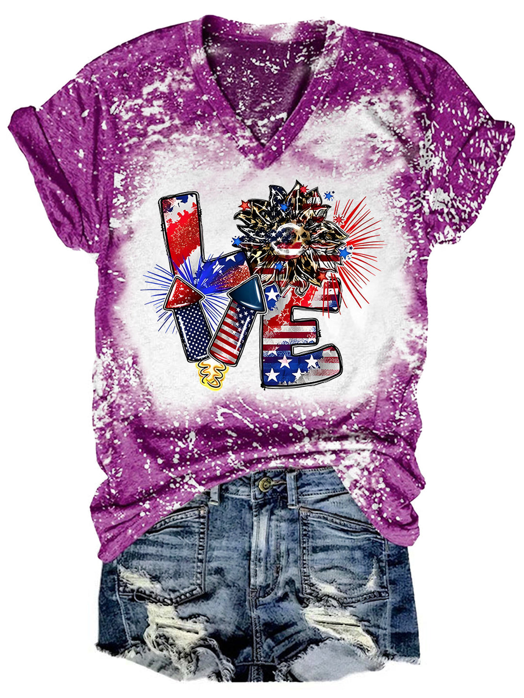 Love American Flag Sunflower Bleaching V Neck T-shirt