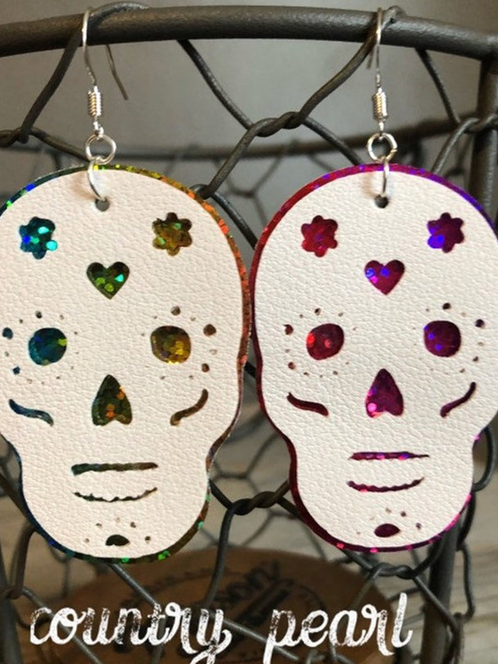 Halloween teardrop-shaped jack-o-lantern ghost skull print PU leather earrings