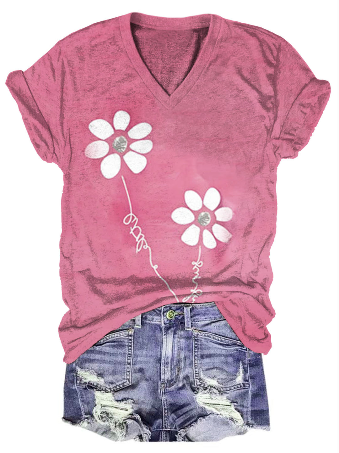 Daisy Print V Neck T-shirt