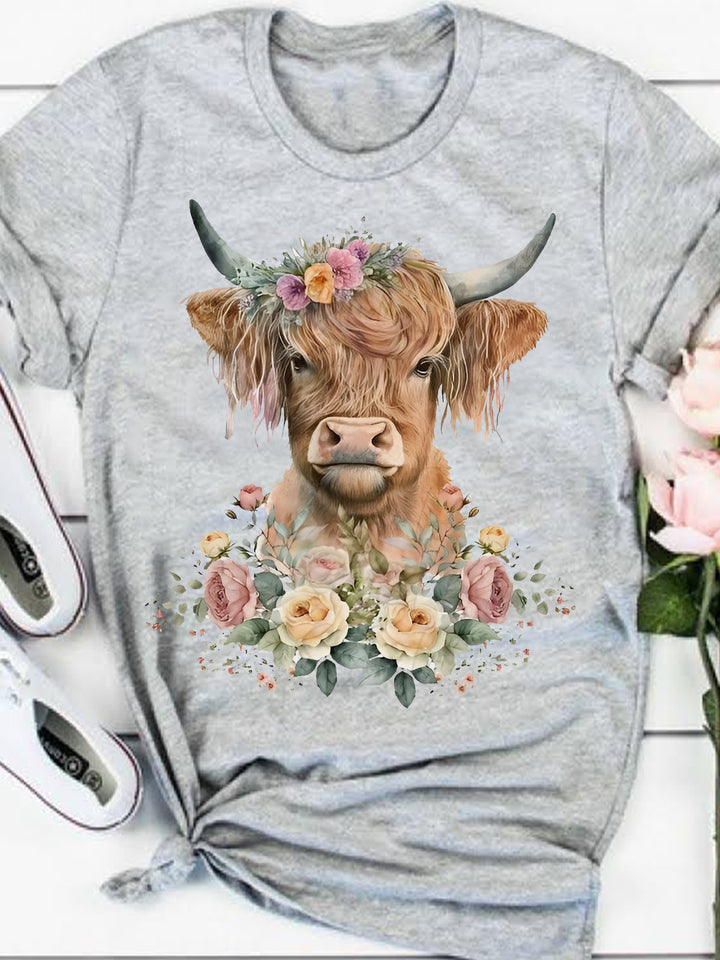Flower Highland Cow Print T-Shirt