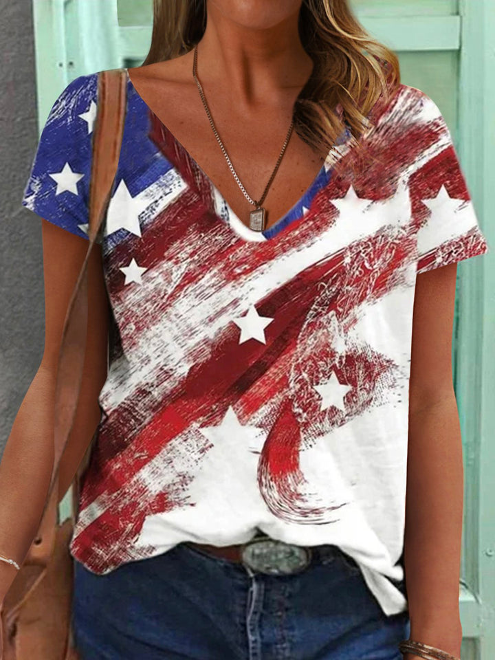 Star Stripe V Neck Short Sleeves Tee