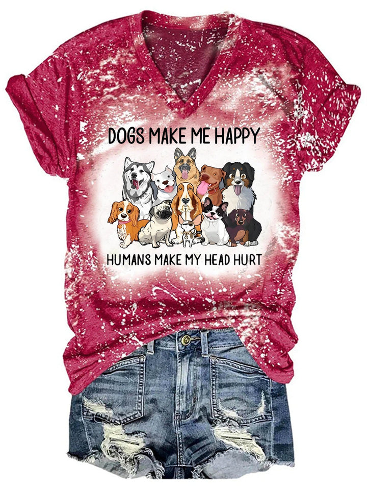 Dogs Make Me Happy Bleaching V Neck T-shirt