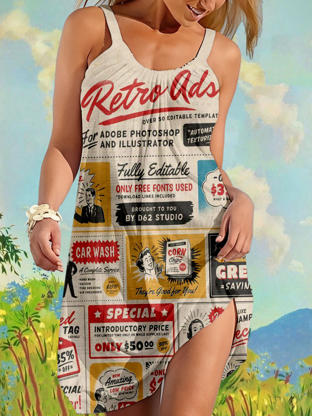 American Retro Poster Print Sleeveless Dress