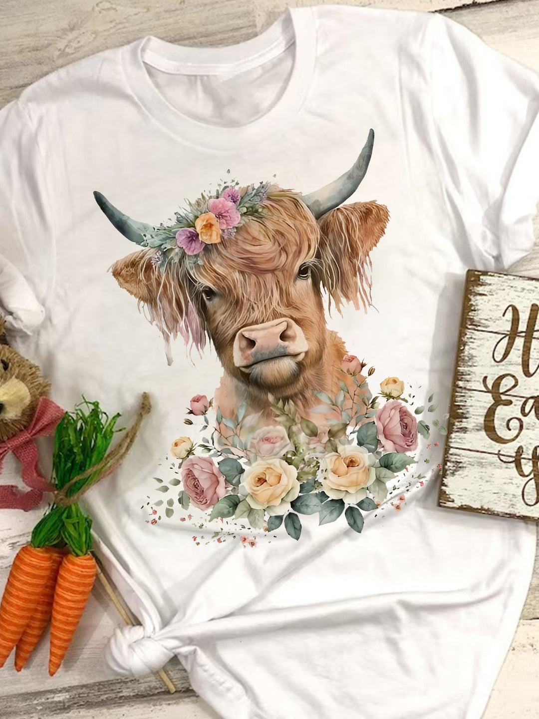 Flower Highland Cow Print T-Shirt