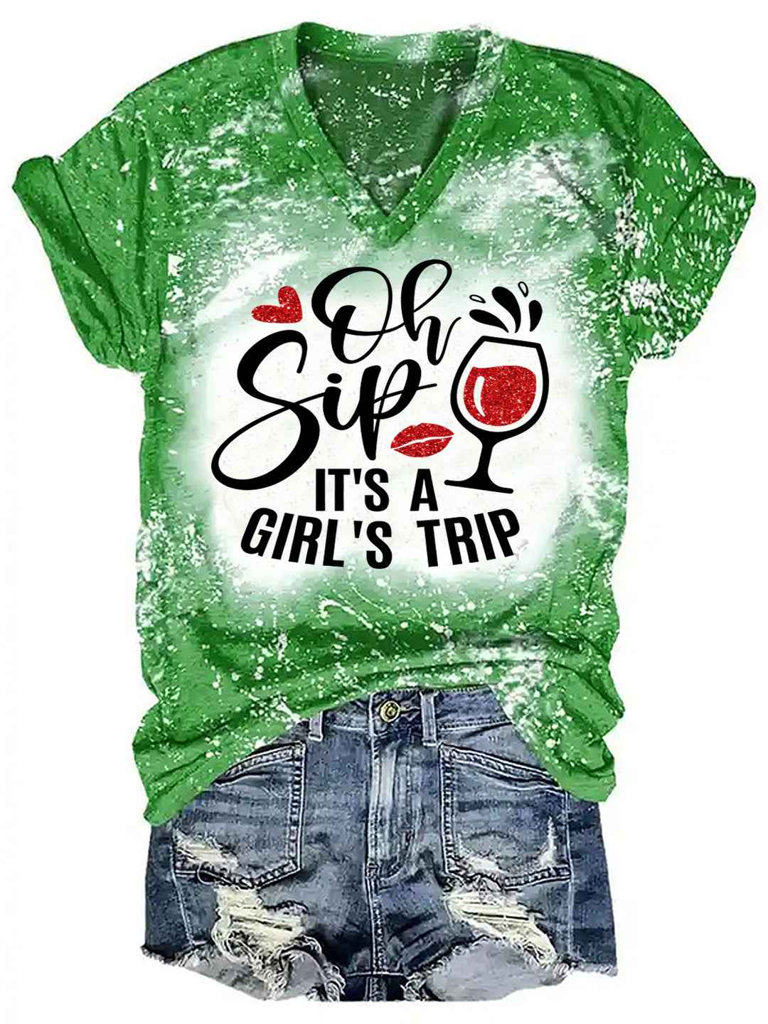 Oh Sip It's A Girl's Trip Print V-neck T-shirt