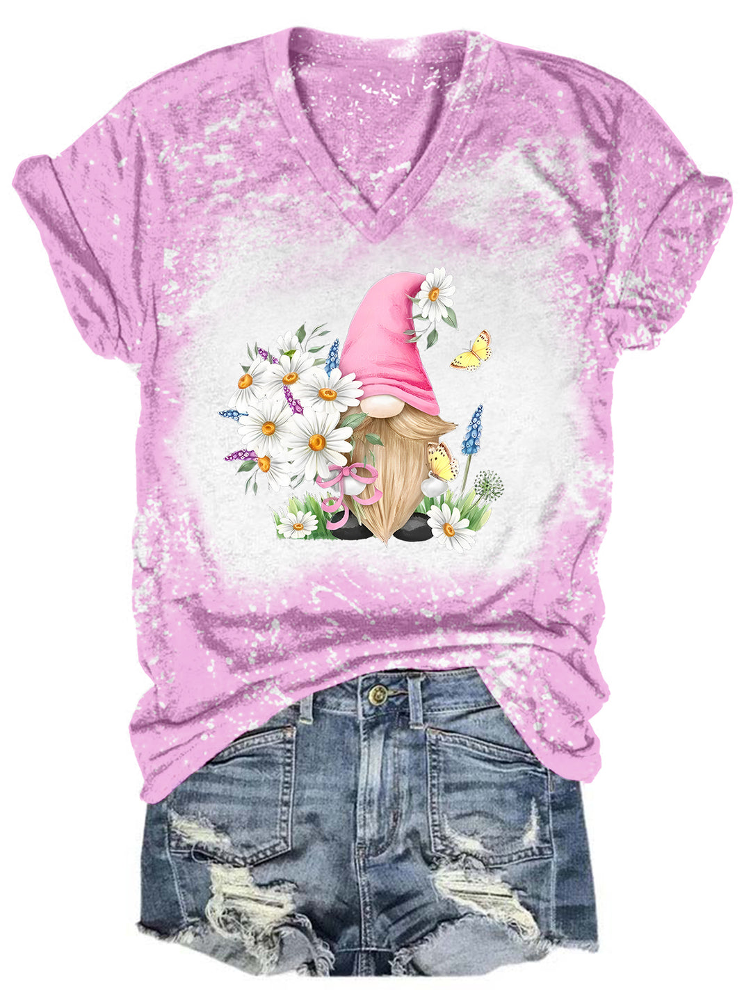 Daisy Floral Gnome Tie Dye V Neck T-shirt