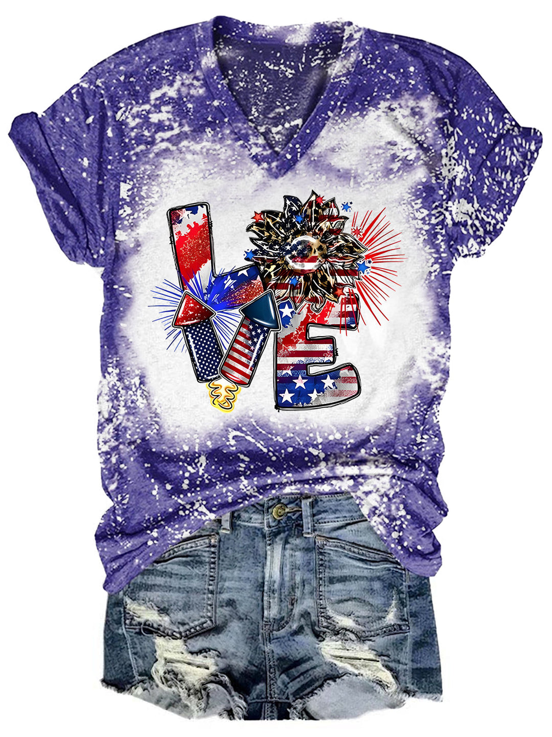 Love American Flag Sunflower Bleaching V Neck T-shirt