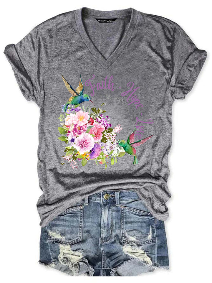 Faith Hope Love Hummingbird Flower V Neck T-Shirt