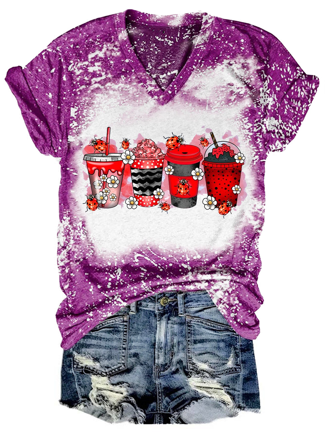 LadyBug Coffee Drink Bleaching V Neck T-shirt