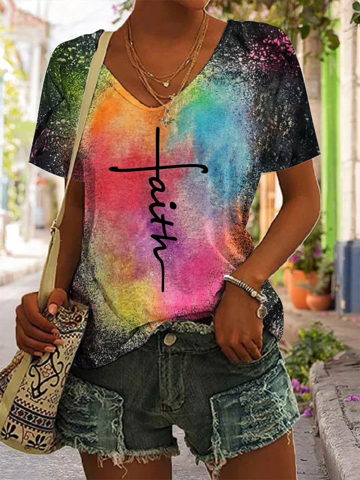 Women's Faith V Neck Tie Dye Print Top
