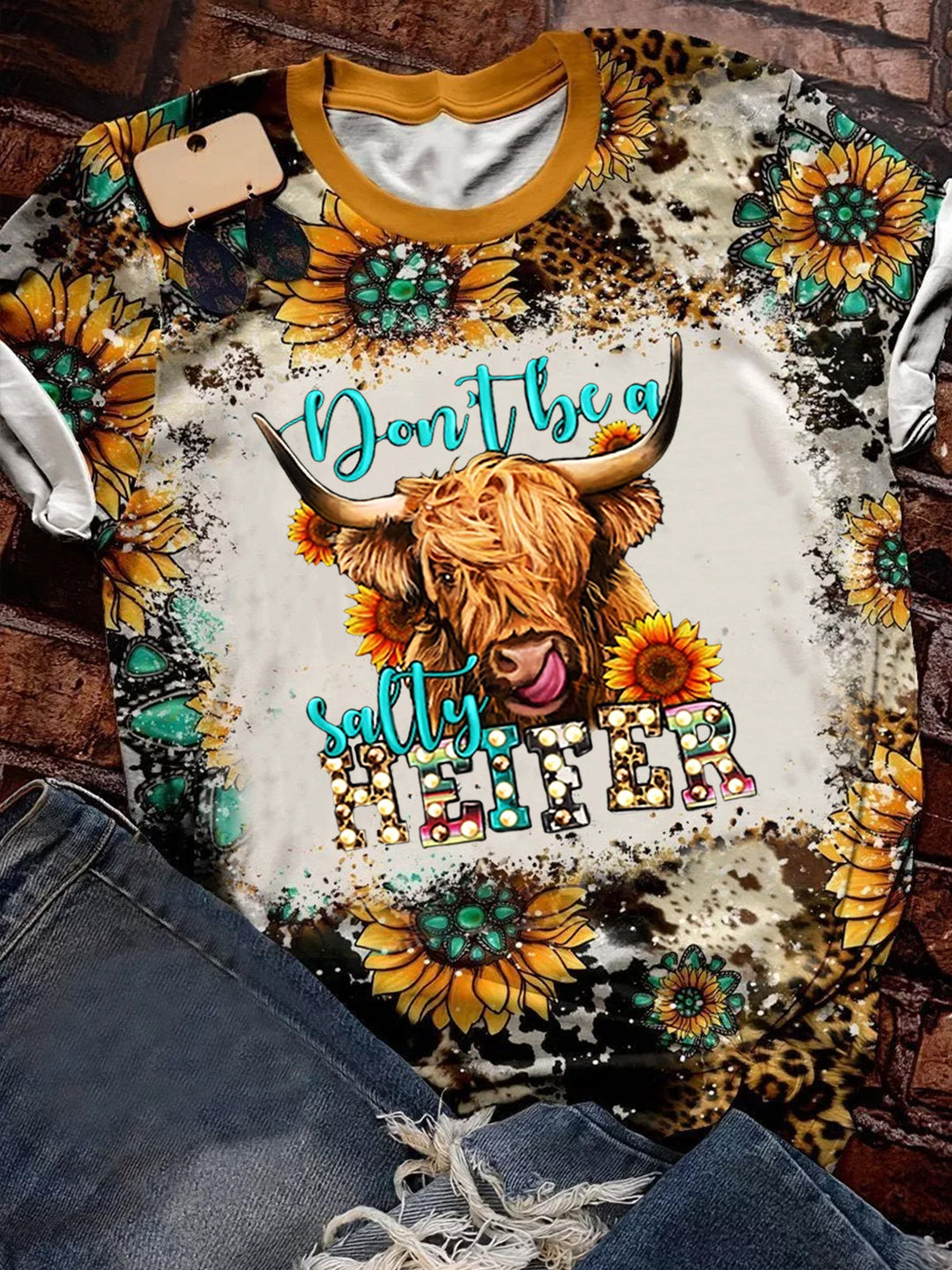Women's Highland Cow Sunflower Turquoise Print T-Shirt