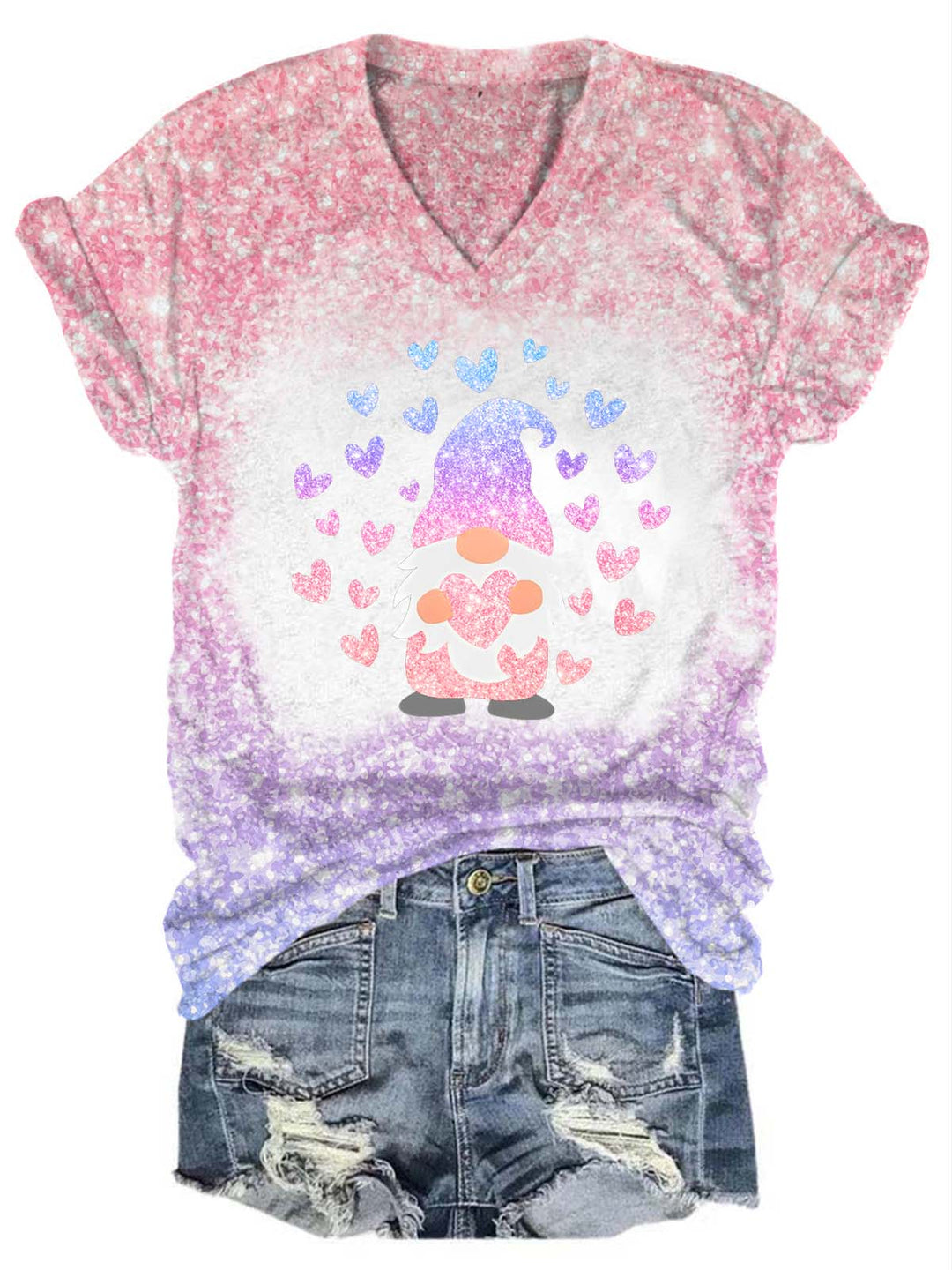 Glitter Gnome Heart V-Neck T-Shirt