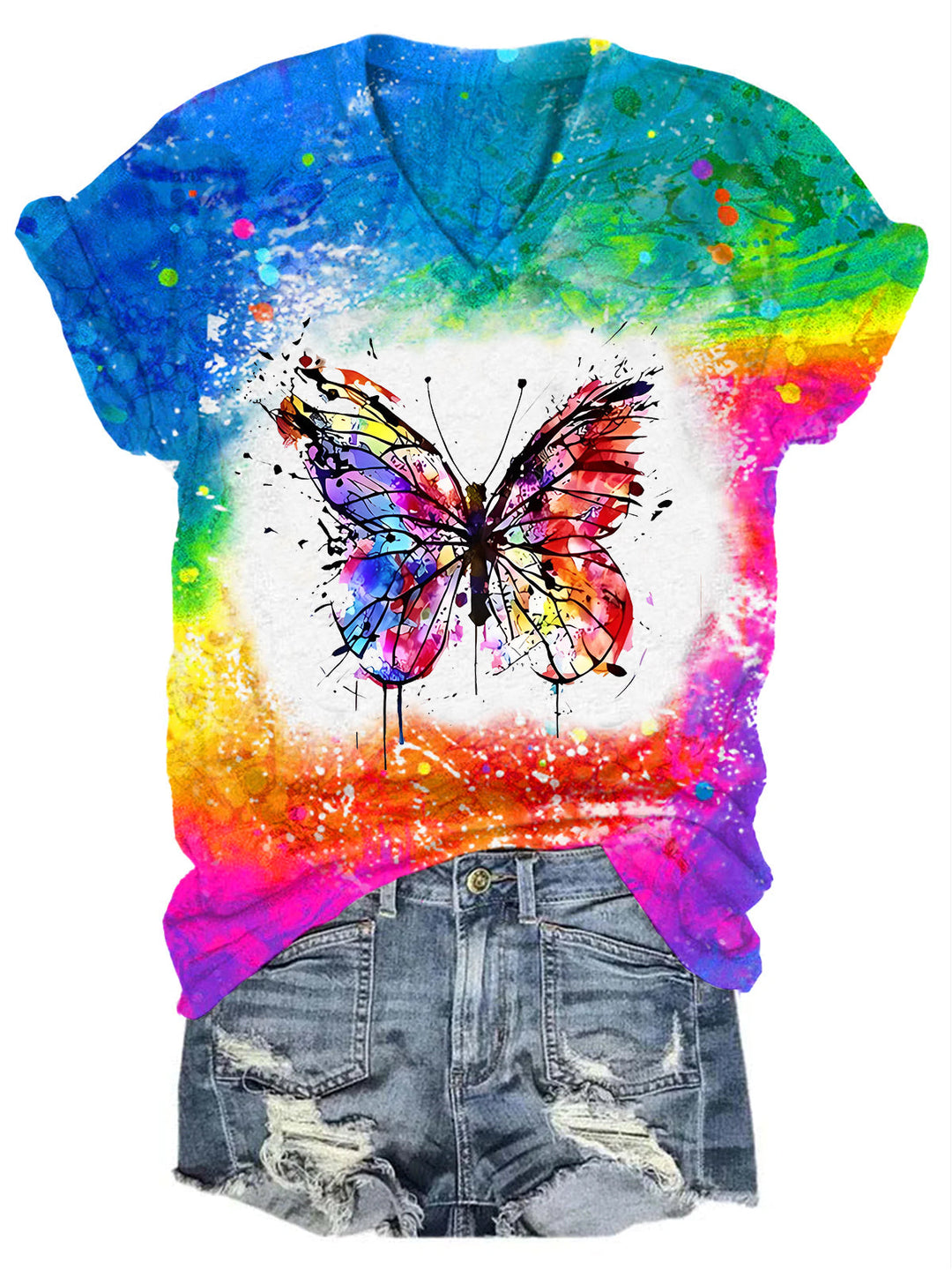 Women's Butterfly Print Tie Dye V-Neck T-Shirt