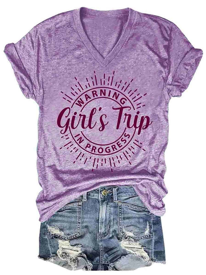 Warning Girl's Trip In Progress V Neck Cotton Blends Shirts & Tops
