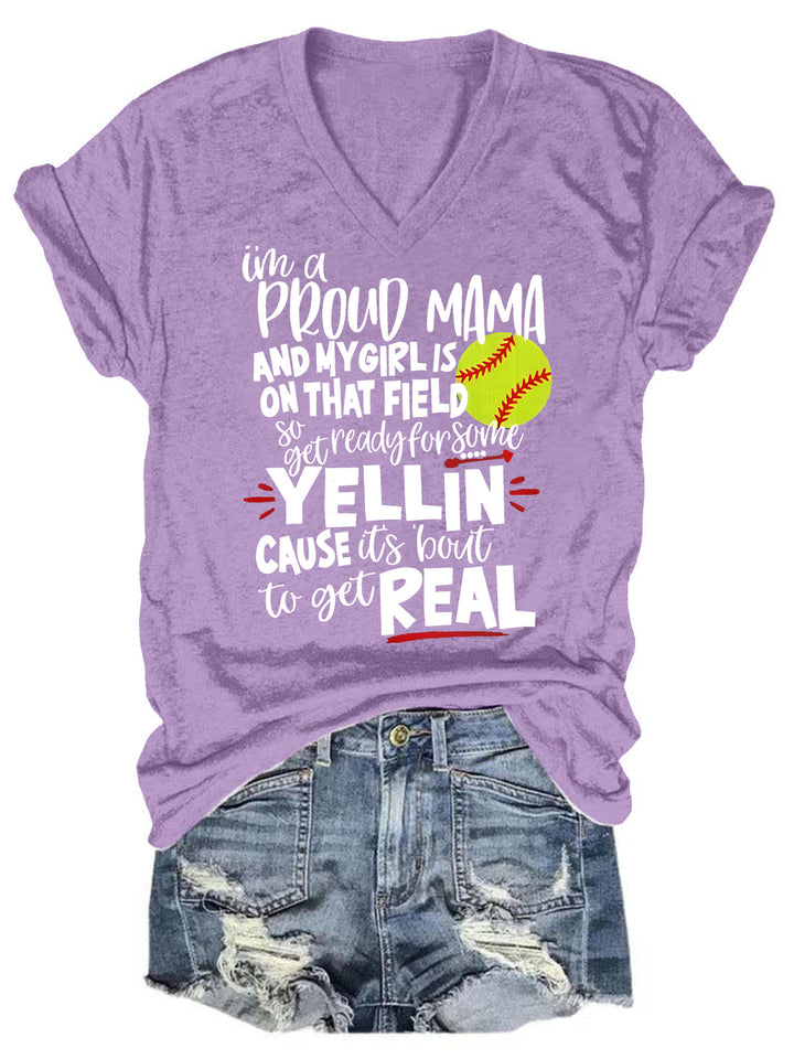 Proud Softball Mama V Neck T-Shirt