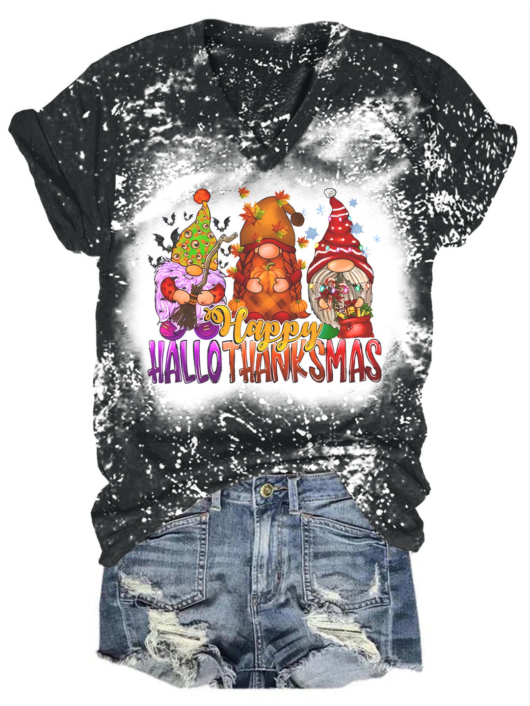 Happy Hallothanksmas Gnomes Print Tie Dye Shirt