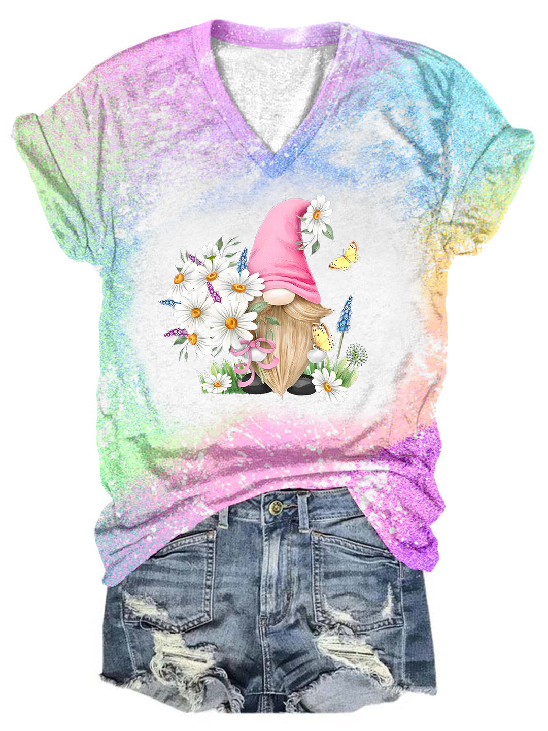 Daisy Floral Gnome Tie Dye V Neck T-shirt