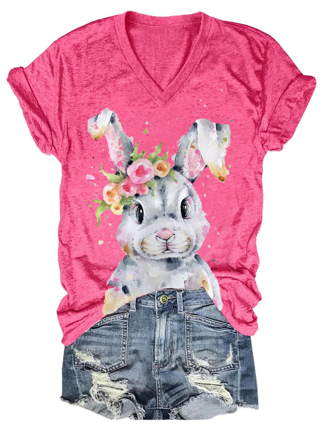 Women's Easter Bunny Print Solid T-Shirt