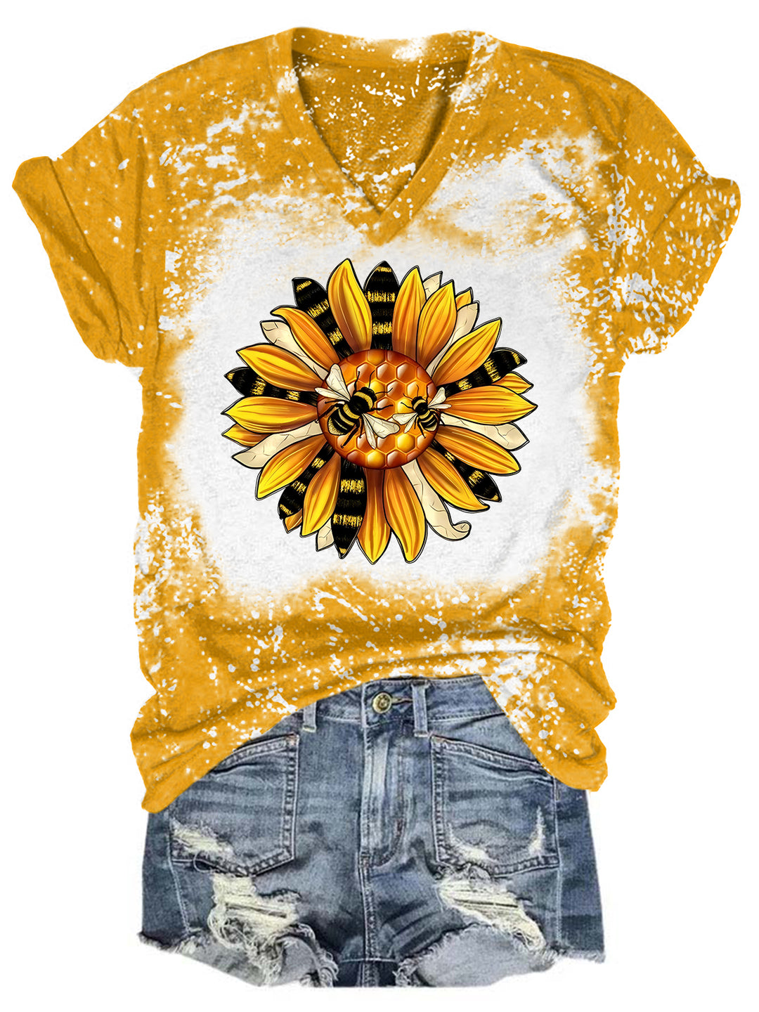 Bee Sunflower Tie Dye V Neck T-shirt