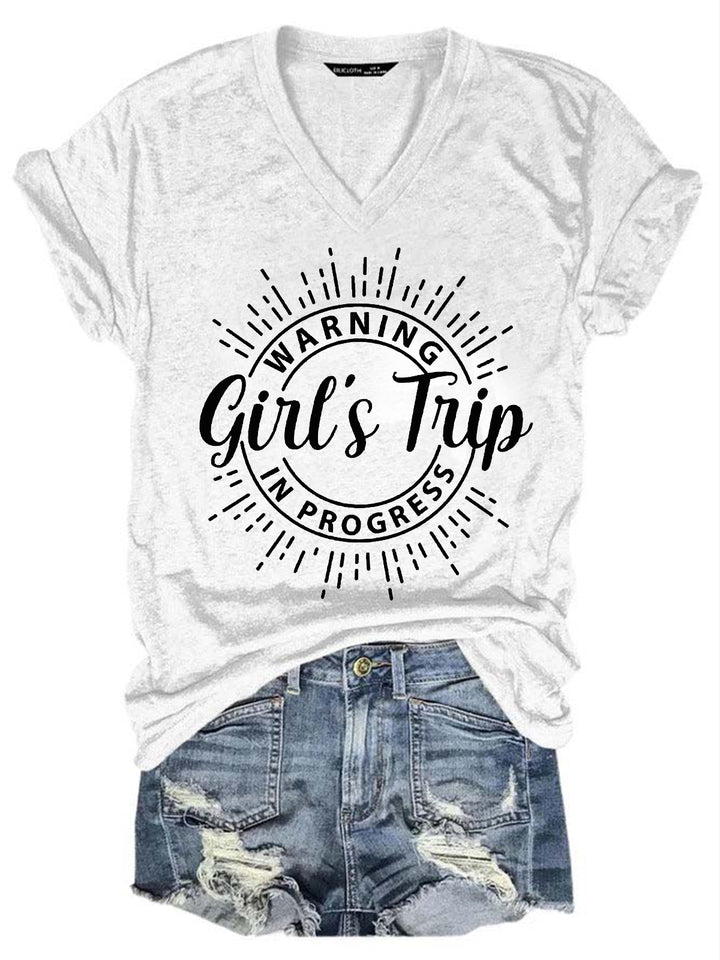 Warning Girl's Trip In Progress V Neck Cotton Blends Shirts & Tops