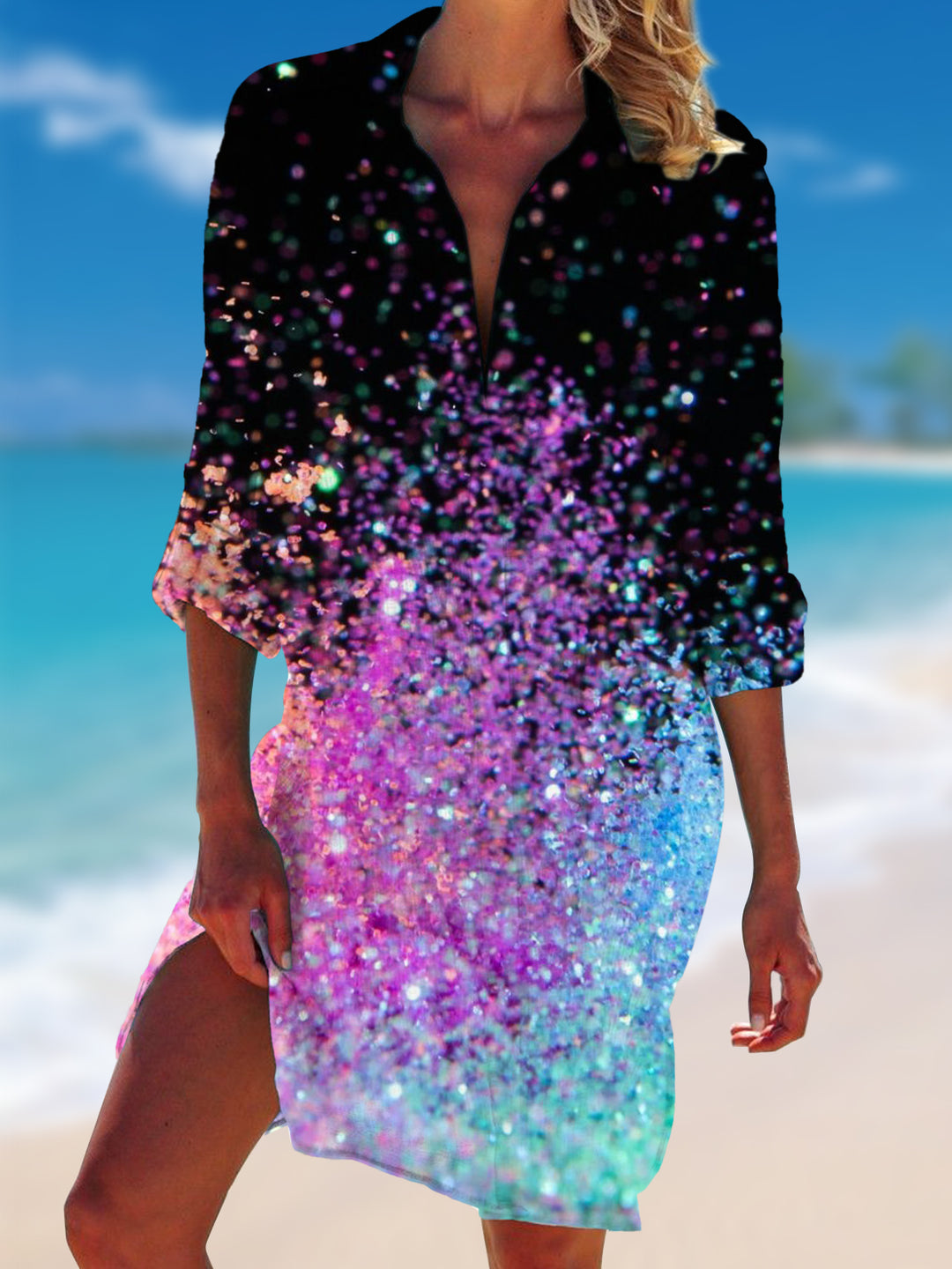 Glitter Print Beach Shirt Dress