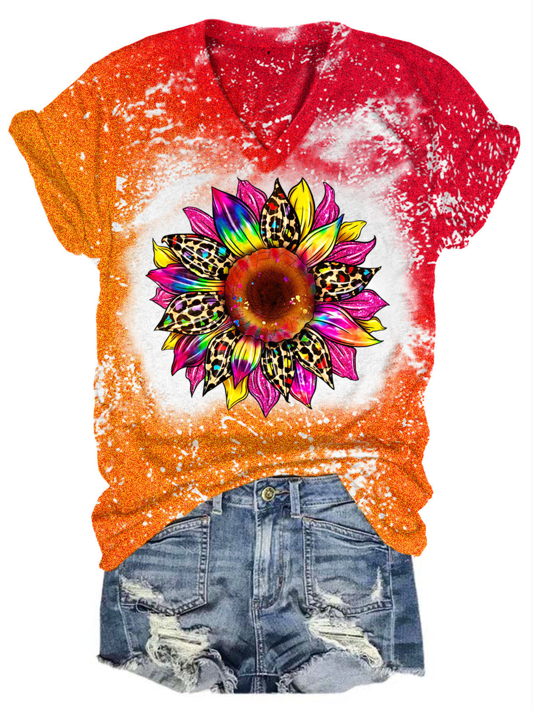 Sunflower Tie Dye Print V Neck T-shirt