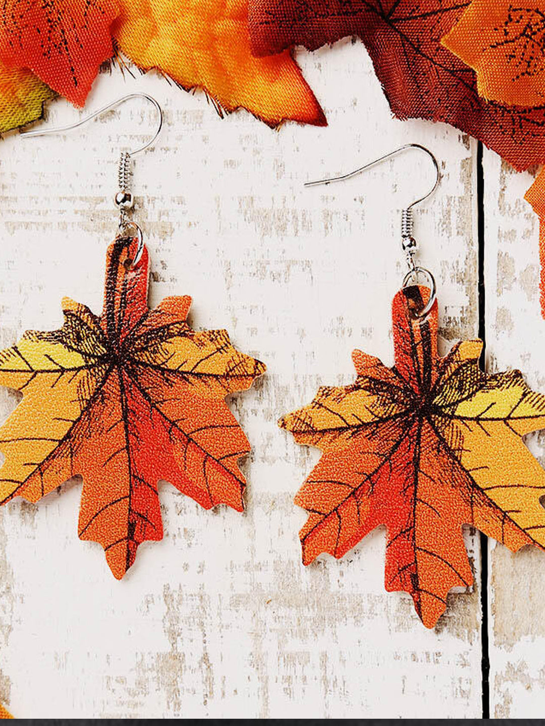 Pumpkin Maple Print Leather Earrings