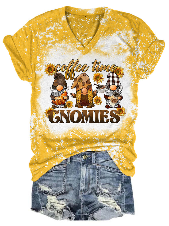 Coffee Time With My Gnomies Bleaching V Neck T-shirt