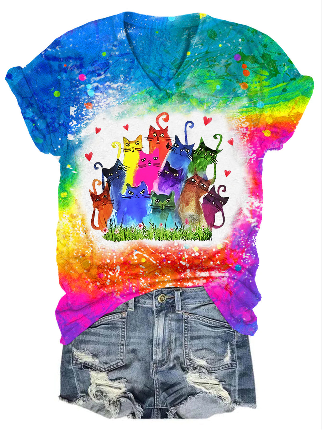 Women's Tie Dye Funny Cat Print V-Neck T-Shirt