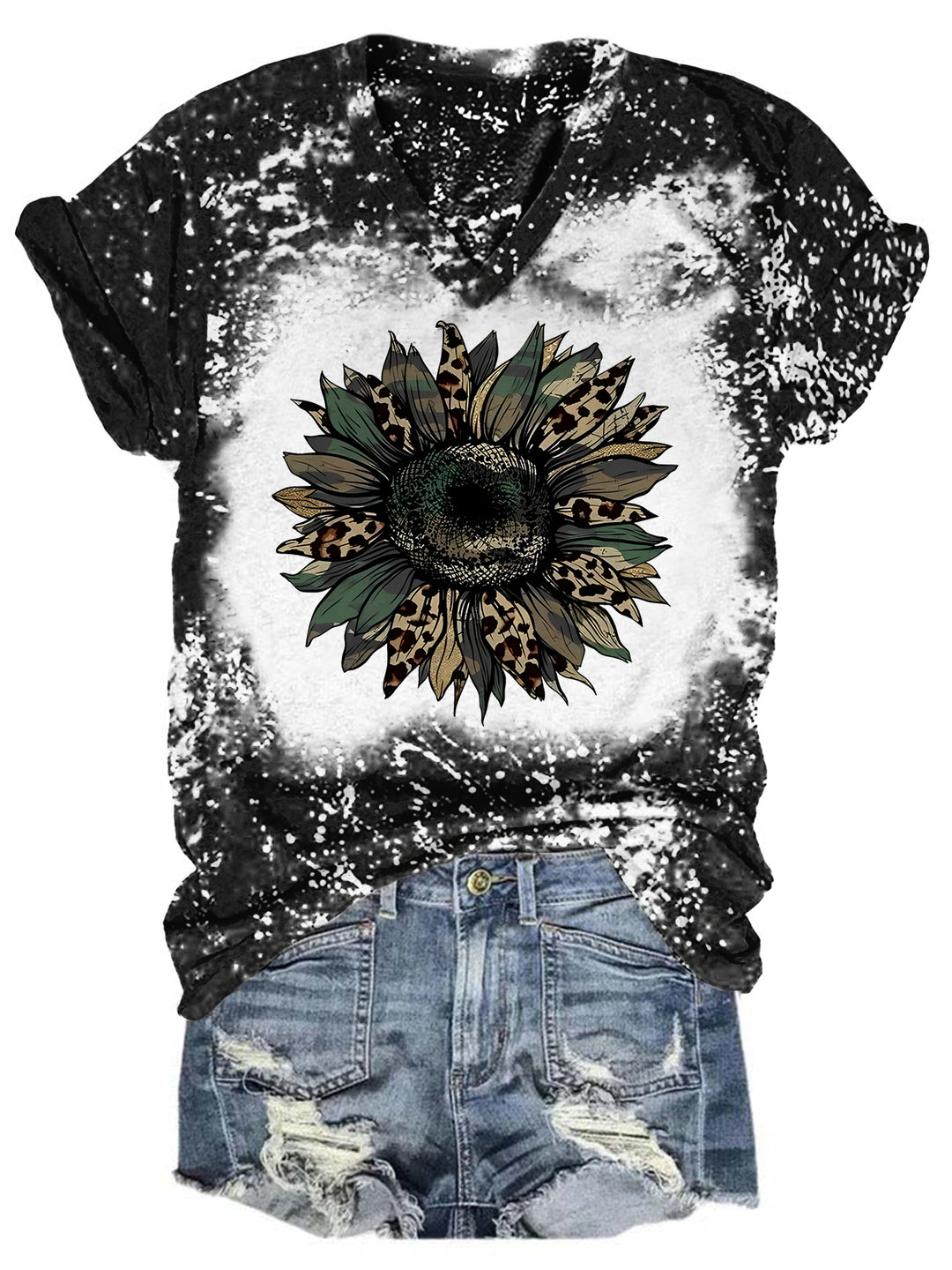 Army Camo Sunflower Print Tie Dye V Neck T-shirt