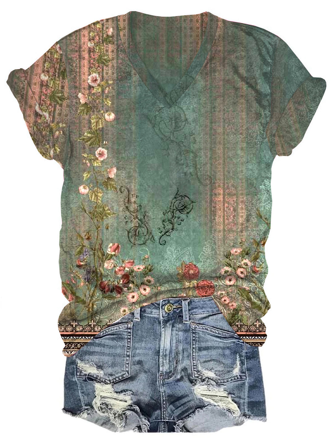 Flower Print V Neck T-shirt